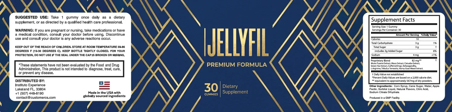The complete Jellyfil label artwork: directions and warning on the left, front panel in the middle, Supplement Facts on the right