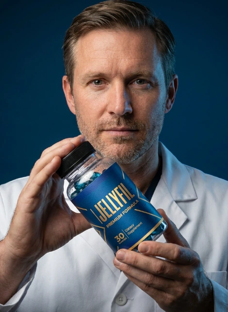 A man in a white coat holding the bottle