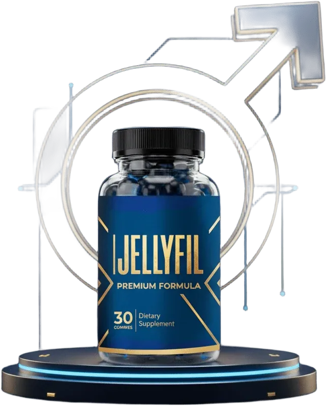 Jellyfil bottle on a plinth beneath a gold arch